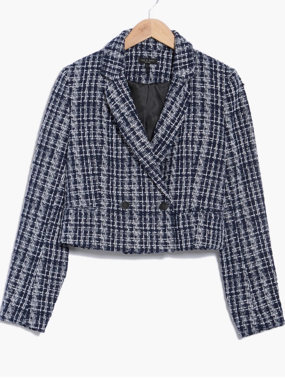 rag & bone Navy and White Tweed Double-Breasted Cropped Blazer Size 2